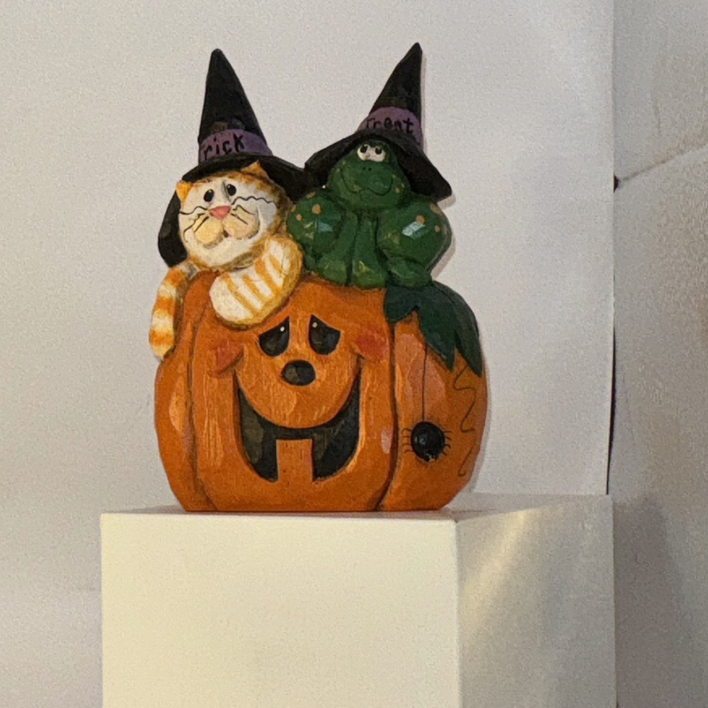 Trick Or Treat Kitty And Frog On Pumpkin Resin Halloween Decoration Signed Eddie